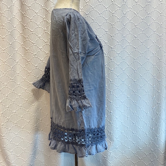 Noelle size s/m Blue Crochet lace neckline hem and sleeves 100% cotton - Picture 14 of 14